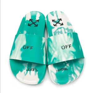 NEW; Off White Pool Slides in marbled green and white; size 8 RARE FIND